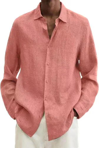 Vista 3 de EFOFEI Camisa de algodón y lino con botones para hombre, camisas casuales de manga larga, con solapa, color sólido