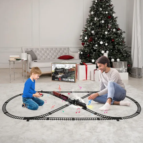 Vista 6 de Juego de tren con control remoto, pista de tren eléctrico alrededor del árbol de Navidad con vehículo de carga, luz y sonidos, locomotora de vapor