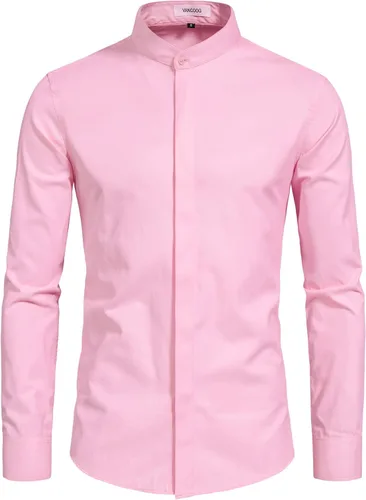 Vista 12 de Camisas de vestir con cuello mandarín para hombre, manga larga, estilo casual, elegantes y de un solo color Negro