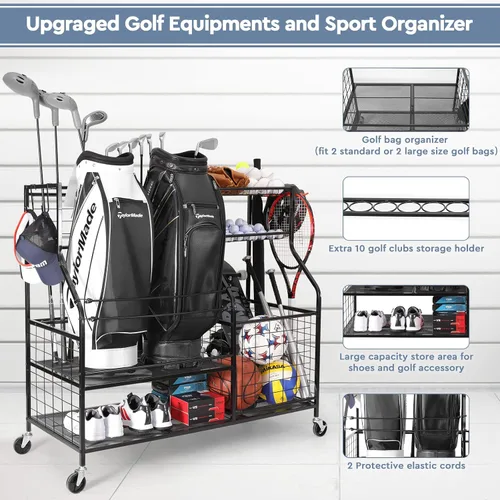 Vista 2 de Organizador de equipo deportivo, almacenamiento deportivo para garaje, estante de almacenamiento de bolsas de golf, soporte organizador de golf