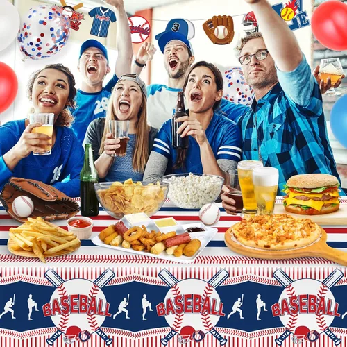 Vista 6 de Miucat Mantel de béisbol de 3 piezas, mantel de mesa y decoración de fiesta, mantel de plástico desechable, rectangular para juegos de béisbol