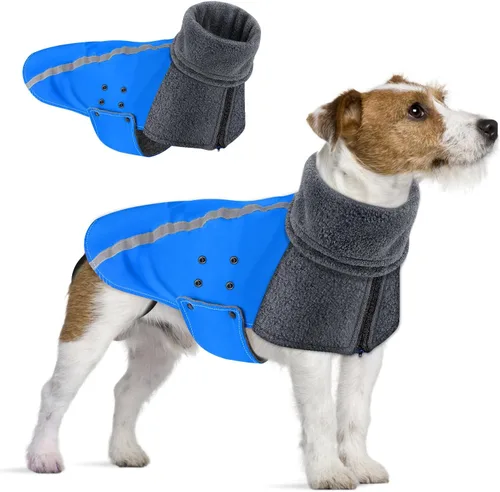 Vista 9 de SlowTon Abrigo de invierno para perro, cálida chaqueta para perros con forro polar para exteriores con bufanda de cuello alto, raya reflectante E.