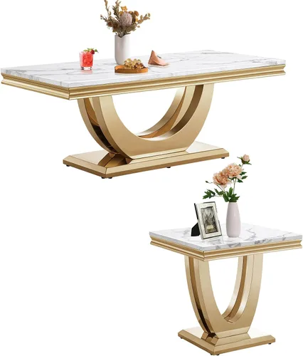Vista 27 de SSLine Moderna mesa de centro de 1 pieza para sala de estar, mesa de centro de lujo de mármol sintético con patas de acero inoxidable en forma de S