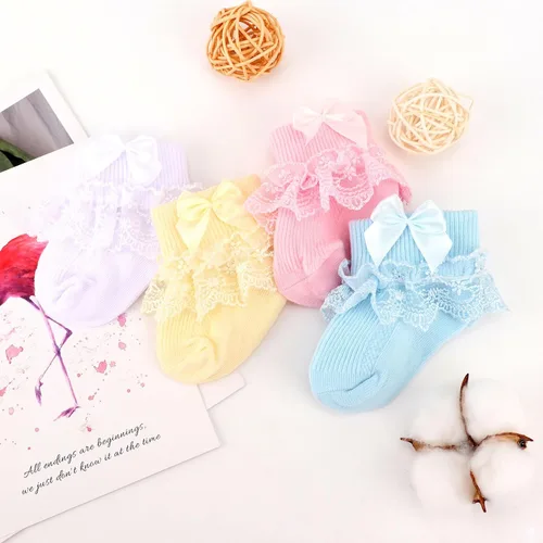 Vista 7 de BQUBO - Calcetines de encaje con ojales y volantes, calcetines de encaje para recién nacidobebéniños pequeñosniños pequeños con volantes de verano