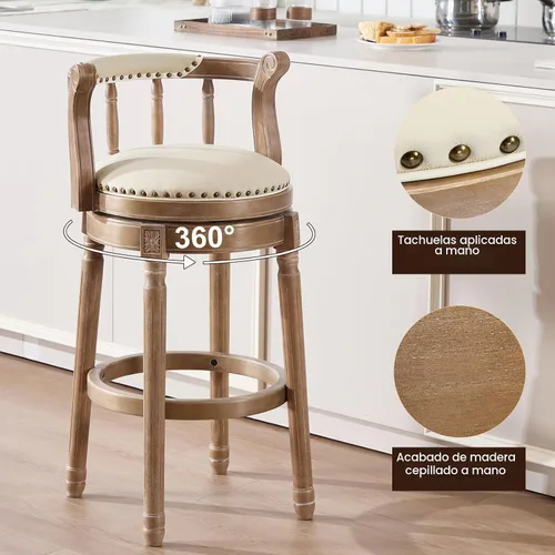 Vista 4 de RAINMOOD Taburetes de bar giratorios de cuero genuino beige mostrador de barra de madera con reposapiés para cocina, comedor, sala de estar