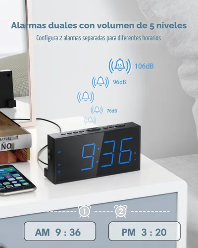 Vista 3 de Reloj despertador súper fuerte con agitador de cama, reloj despertador vibratorio para personas que duermen con problemas auditivos y adolescentes