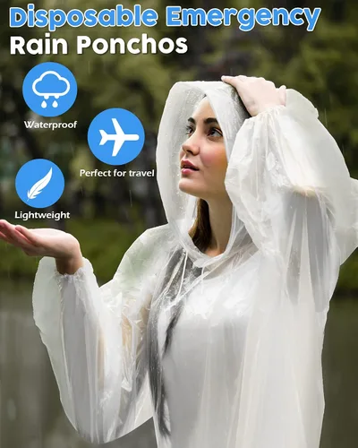 Vista 5 de JaGely Paquete de 80 ponchos de lluvia desechables para adultos, a granel, boda, familia, viajes, sin hogar, paquete con capucha con cordón y manga
