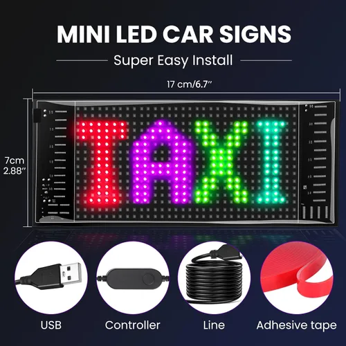 Vista 4 de Señales de luz LED para automóvil, calcomanías LED para parabrisas de taxi, panel de matriz LED digital flexible, control de aplicación Bluetooth