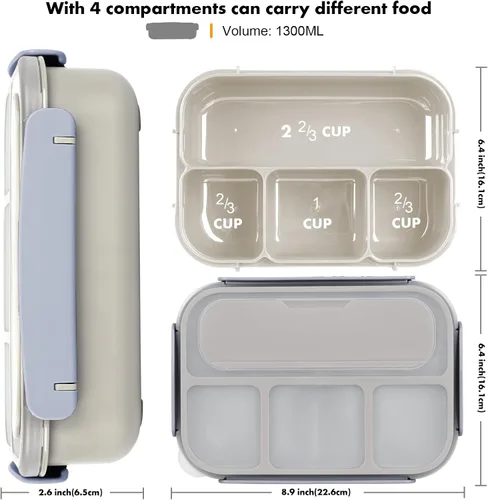 Vista 2 de Yumuk Caja Bento para Adultos, Contenedores de Almuerzo para Adultos Hombres Mujeres, 5 Tazas Bento con 4 Compartimentos y Spork y Caja de Salsa, A