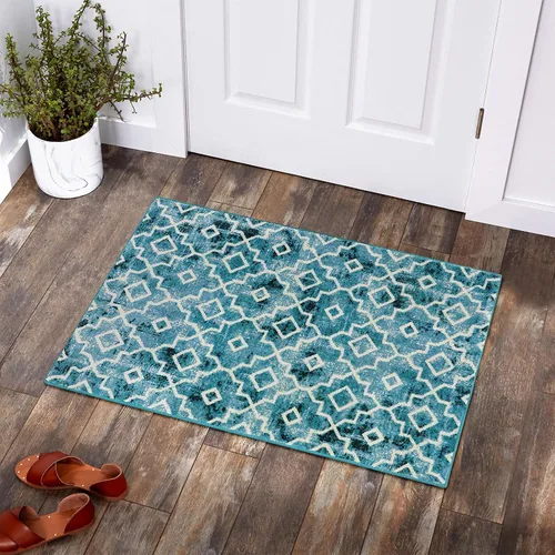 Vista 12 de Moynesa Alfombra marroquí lavable de 2 x 3 pulgadas, pequeña, azul, para cocina, baño, suave, antideslizante, de pelo bajo, moderna, geométrica
