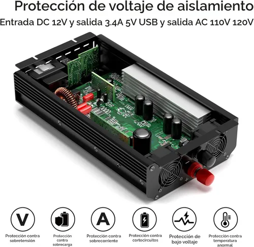 Vista 4 de Inversor de corriente de 2300 W, de 12 V CC a CA 110 V/120 V de potencia máxima de 4600 W con 2 tomas de CA y 2 puertos USB 2.4, pantalla LCD.