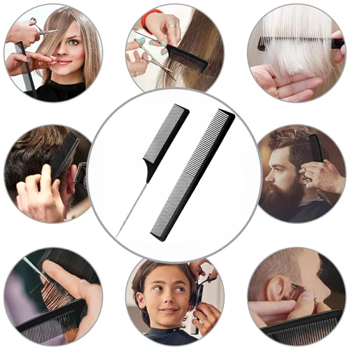 Vista 7 de Peine profesional para peluquería de dientes finos y anchos, de fibra de carbono, resistente al calor, con cola de acero inoxidable, para trenzar