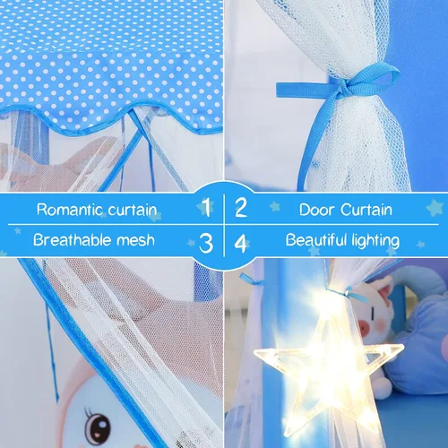 Vista 5 de Sumbababy - Tienda de campaña de castillo de princesa para niñas, de juego, hexagonal, azul, con luces de estrella de hadas, juguetes para niños