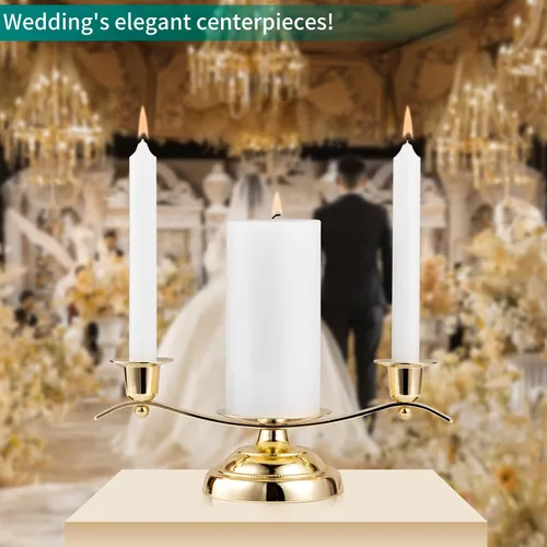 Vista 6 de Portavelas Gold Unity para bodas y regalos, portavelas ARCHOBAN con diseño de 3 velas con pasador estabilizador y clavijas de soporte laterales
