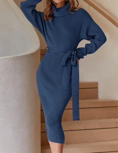 Vista 10 de ZESICA - Vestido por debajo de la rodilla de suéter, de cuello alto, para mujer, de manga larga, de punto acanalado, con abertura y cinturón