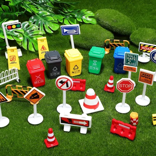 Vista 3 de Juego de 105 mini señales de tráfico de tráfico, mini conos de tráfico, juguetes de construcción, cubo de basura en miniatura, luz de cruce