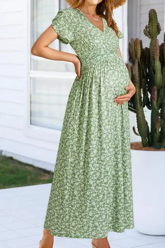 Vista 3 de OUGES Vestido largo de maternidad con cuello en V, para baby shower, para sesión de fotos