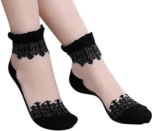 Vista 6 de Lovful 3 pares de calcetines cortos ultrafinos transparentes de encaje elástico para mujer