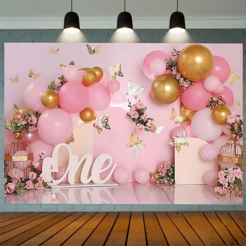 Vista 3 de Telón de fondo de 1er cumpleaños para niña, globos rosados, mariposa dorada, dulce para niños, decoración de fiesta de cumpleaños, fotografía