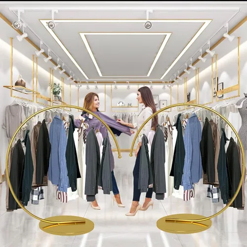 Vista 3 de Boutique Display - Perchero de ropa portátil resistente, estante de ropa de metal de grado comercial con base estable para colgar ropa (oro, 59.1 in)