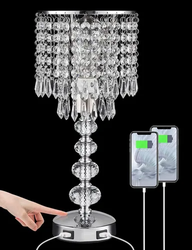Vista 9 de Lámpara de mesa de cristal con control táctil, regulable de 3 vías, lámpara pequeña para mesita de noche con 2 puertos de carga USB, lámpara de mesa