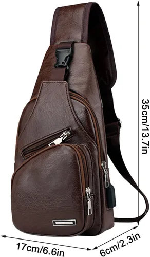 Vista 8 de Bolso bandolera de cuero para hombre, mochila cruzada de hombro con puerto de carga USB para viajes, gimnasio, deportes y senderismo, Coffee, A, A