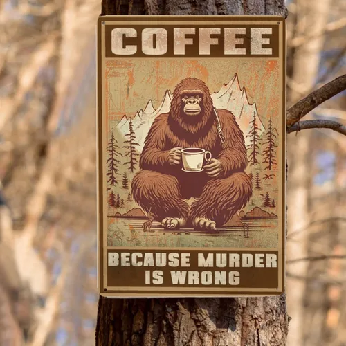 Vista 8 de HORSESBLANKET Póster de metal vintage con texto en inglés «Bigfoot», letrero retro de aluminio con texto en inglés «Because Murder Is Wrong»