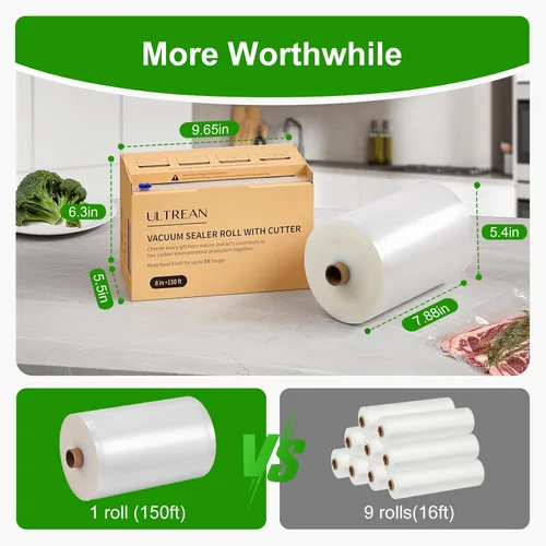 Vista 3 de Ultrean Rollo Guardador de Sellado al Vacío de 8" x 150' con Cortador, Bolsas Selladoras al Vacío de Grado Comercial para Food Saver, Sin BPA, Ideal