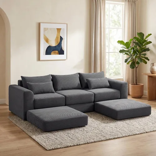 Vista 4 de Juego de sofás modulares deshuesados seccionales de 100 pulgadas para sala de estar, sofá modular tapizado en forma de L movible con 5 almohadas Gris