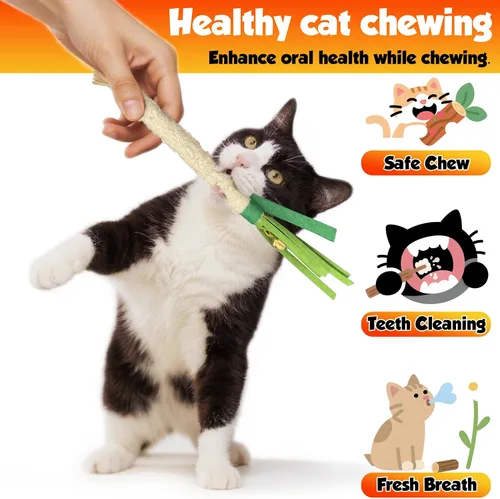 Vista 2 de Palillo masticable Catnip 4 piezas con cuerda de algodón envuelta – Juguete natural para el cuidado dental para la limpieza de los dientes