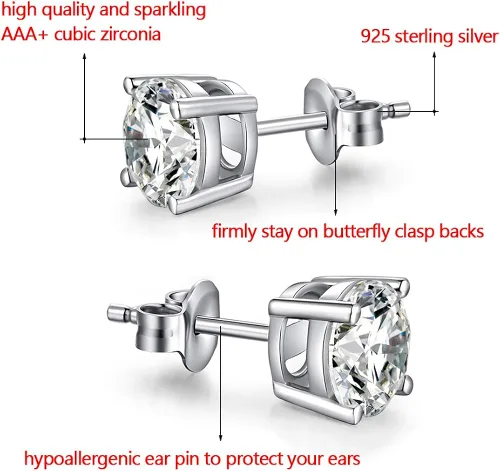 Vista 3 de TTVOVO Aretes de plata de ley 925 con circonita cúbica brillante de corte princesa, aretes de diamante de circonita cúbica para mujeres y hombres