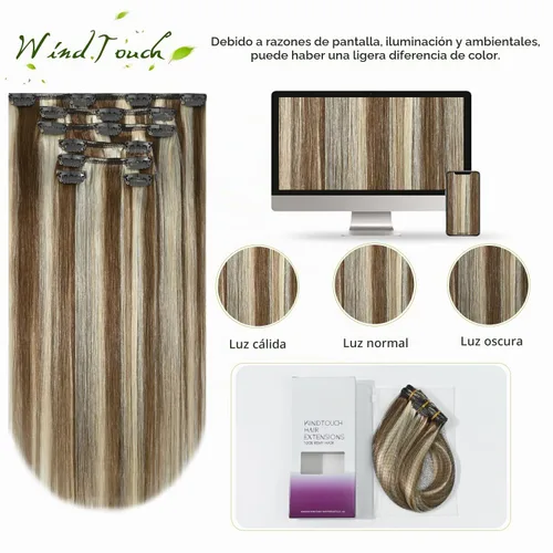 Vista 4 de WindTouch - Extensiones de cabello humano real con clip, color marrón claro a rubio con reflejos #6P613, 22 pulgadas, 4.33 onzas, 7 piezas #6p613