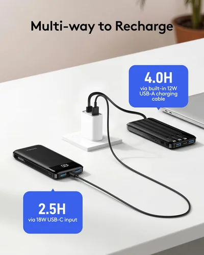 Vista 4 de Orfeika Cargador de teléfono portátil, Banco de energía portátil de 10000mAh con cables incorporados, paquete de batería esencial para viajes