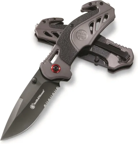 Vista 5 de Smith & Wesson 8in High Carbon S.S. Spring Assisted Folding Knife with 3.25in Serrated Drop Point Blade and Rubberized Aluminum Handle for Outdoor