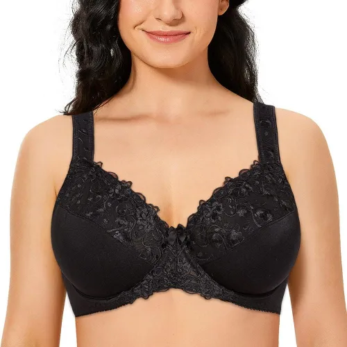 Vista 12 de TELIMUSSTO Brasier con aros de encaje floral de cobertura completa para mujer, talla grande, sin relleno, cómodo Beige