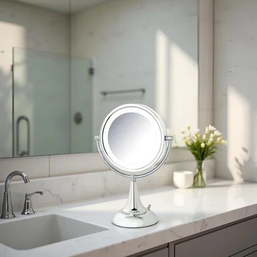 Vista 2 de JERDON HL8510CL - Espejo de maquillaje iluminado con aumento de 8X - Cromo 8.5 pulgadas de diámetro, 15 pulgadas de alto, múltiples ajustes