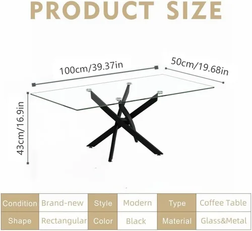 Vista 2 de Mesa de centro de vidrio templado con patas de metal, mesa rectangular moderna para sala de estar en casa, oficina, sala de estar