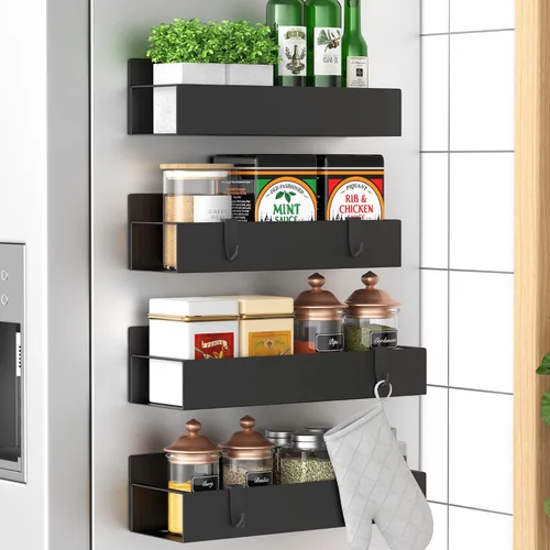 Vista 15 de HuggieGems Paquete de 6 organizadores magnéticos de almacenamiento de especias para refrigerador y horno, organizadores negros para nevera