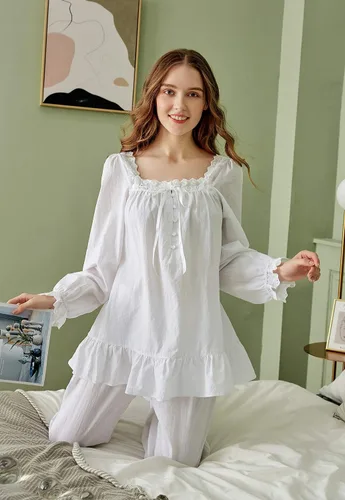 Vista 5 de Sharebeauty Pijama casual de algodón de estilo vintage para mujer Top y pantalones
