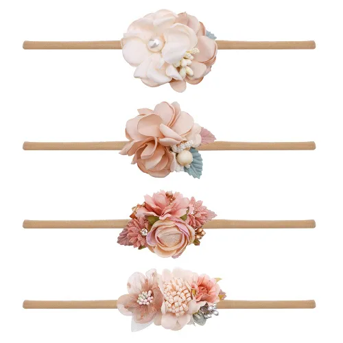 Vista 10 de cherrboll 3 diademas de flores para bebé, súper suaves y elásticas, de nailon, para recién nacidas