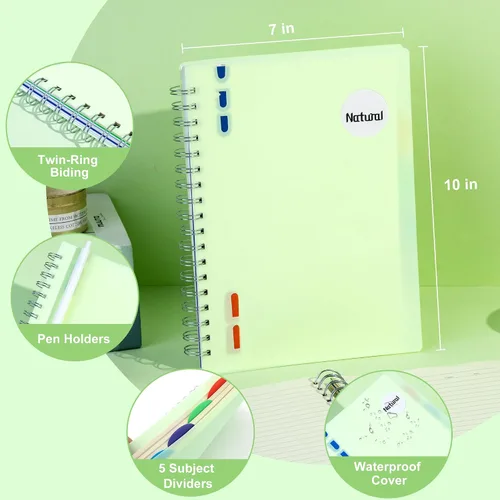 Vista 4 de Yoment Cuaderno de 5 materias con separadores de pestañas, cuaderno en espiral B5, 7 x 10 pulgadas, cuadernos rayados para trabajo de oficina