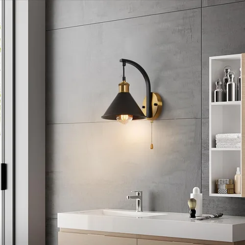 Vista 4 de Lightess Apliques de Pared Industriales con Interruptor de Cordón, Luz de Pared Montada Estilo Granja Negro, Accesorio de Iluminación de Pared