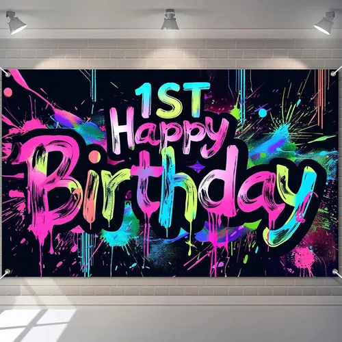 Vista 16 de HOMETITUTE Pancarta de Neón de Feliz 10mo Cumpleaños 71 x 43 pulgadas, Salpicadura de Pintura que Brilla en la Oscuridad, Telón de Fondo