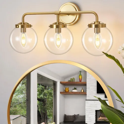 Vista 10 de Lámparas de Tocador de Baño Negras Sobre Espejo, Aplique de Pared Moderno Negro Mate de 3 Luces con Pantalla de Bola de Vidrio Transparente, Luces