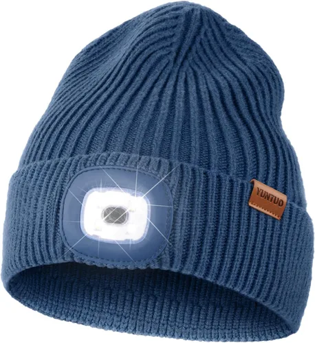 Vista 12 de Gorro LED con la luz, unisex, linterna frontal recargable por USB, gorro de punto de invierno, regalos para hombres, papá, esposo, él Azul Oscuro