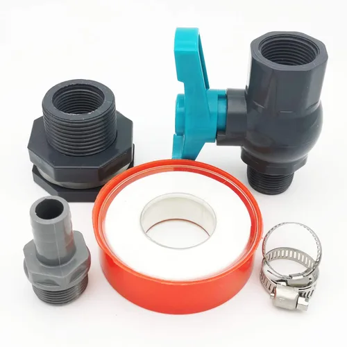 Vista 8 de Kit de grifo de PVC con espita de barril de lluvia con accesorio de mamparo, válvula de bola, adaptador de púas de manguera de jardín, abrazaderas