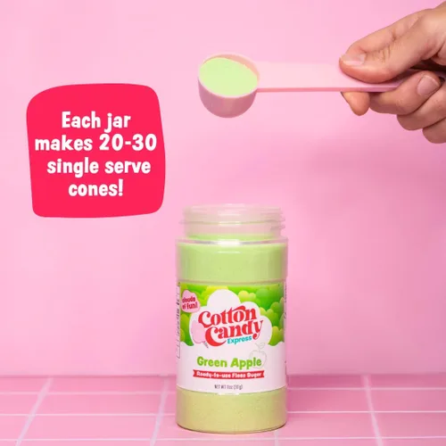 Vista 2 de Cotton Candy Express Floss Sugar Plus Conos con 3 frascos de plástico de 11 oz de chicle, manzana verde y azúcares para algodón de azúcar sabor piña
