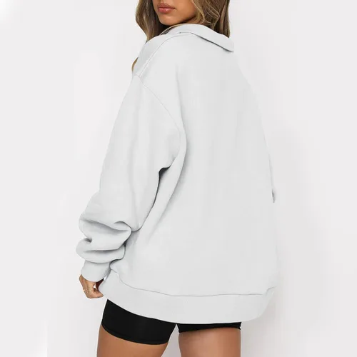 Vista 3 de DUOWEI Sudadera de invierno para mujer, de gran tamaño, media cremallera, manga larga, con capucha y cremallera de un cuarto