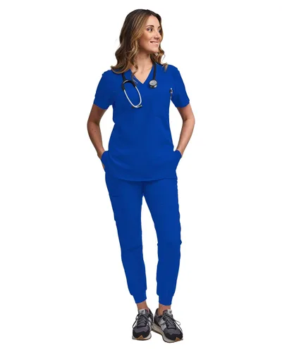 Vista 6 de Green Town - Conjunto de ropa quirúrgica para mujer, pantalón jogger y camiseta con cuello en V, 5 bolsillos, banda de yoga, uniforme de enfermería