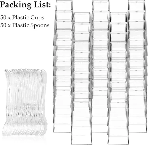 Vista 3 de TOFLEN Paquete de 50 unidades de tazas de postre mini cuadradas de 3 onzas con cucharas, tazas de postre transparentes de plástico para fiesta